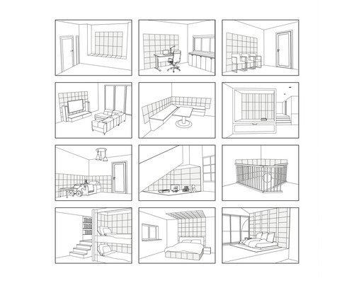 Černobílé ilustrace různých interiérů