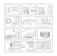 Ilustrace různých pohledů na místnosti pro plánování domu