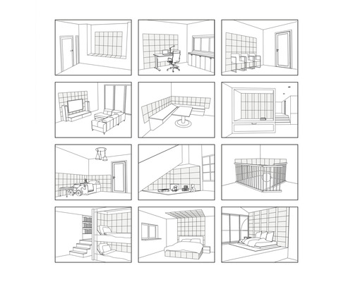 Ilustrace různých pohledů na místnosti pro plánování domu