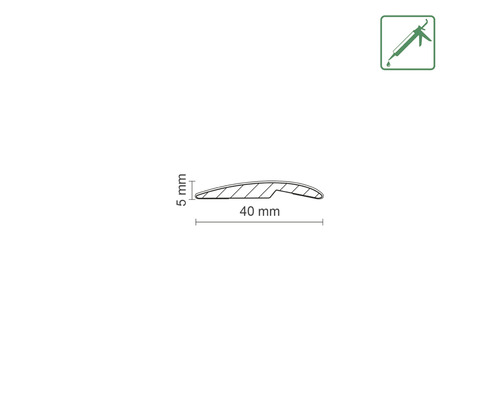 Profilový nákres soklové lišty o rozměrech 40 mm x 5 mm, symbol pro montáž lepidlem
