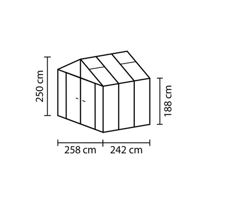 Obrázek skleníku o rozměrech 250, 188, 258 a 242 centimetrů