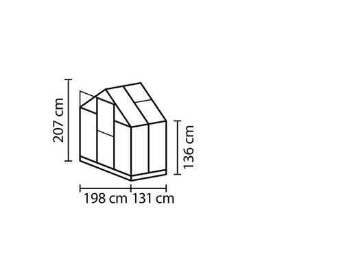 Technický nákres skleníku s výškovými a šířkovými údaji v centimetrech