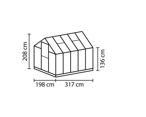 Rozměry skleníku: výška 208 cm, hloubka 136 cm, šířka 198 cm plus 317 cm