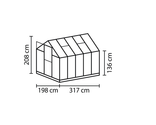 Technický nákres skleníku s rozměry v centimetrech