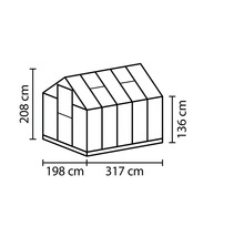 Obrázek skleníku s rozměry: výška 208 cm, výška boku 136 cm, šířka 198 cm a hloubka 317 cm.