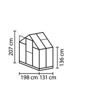 Technický nákres skleníku s rozměry: výška 207 cm, šířka 198 cm a 131 cm, boční výška 136 cm.