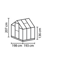 Technický nákres skleníku s rozměry 207 cm výška, 198 cm a 193 cm šířka a 136 cm výška strany.
