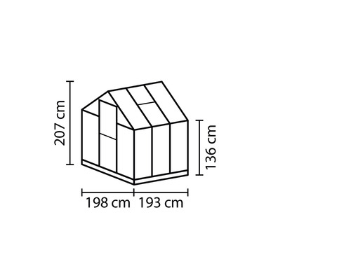 Technický nákres skleníku s rozměry 207 cm výška, 198 cm a 193 cm šířka a 136 cm výška strany.