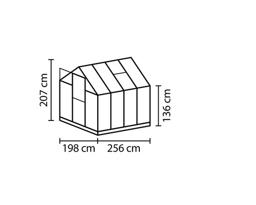 Nákres skleníku o rozměrech 207 cm výška, 198 cm a 256 cm délka a 136 cm výška boku.