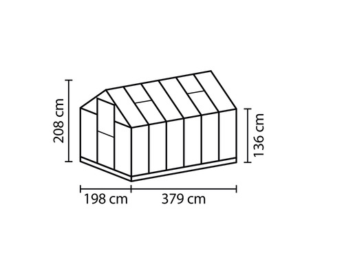 Rozměry skleníku: délka 379 cm, šířka 198 cm a výška 208 cm