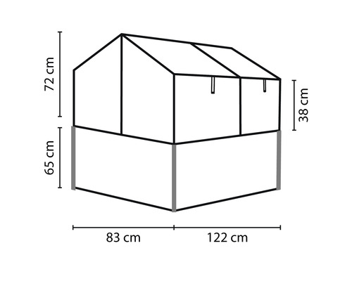 Rozměry vyvýšeného záhonu s pařeništěm: výška 72 cm, výška nástavce 38 cm, výška záhonu 65 cm, délka 83 cm a 122 cm
