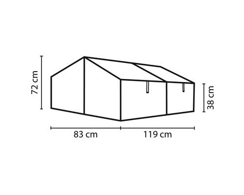 Obrázek skleníku o rozměrech 72 cm výška, 38 cm výška, 83 cm délka a 119 cm délka.