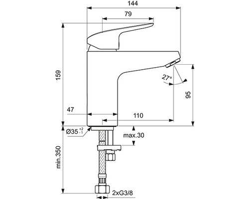 Technický výkres umyvadlové baterie s rozměry