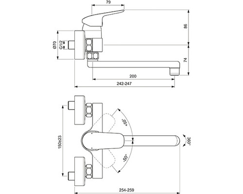 Technický výkres umyvadlové baterie s rozměry