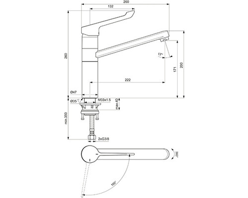 Technický výkres vodovodní baterie s rozměry