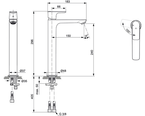 Technický výkres vodovodní baterie s rozměry