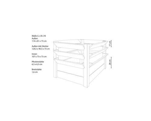 Technický nákres vyvýšeného záhonu s rozměry.