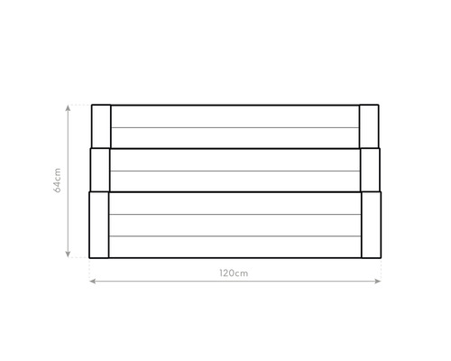 Ilustrace vyvýšeného záhonu o rozměrech 120 cm délky a 64 cm výšky