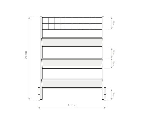 Rozměrové zobrazení květináče s několika úrovněmi, vysoký přibližně 95 cm a široký 80 cm.