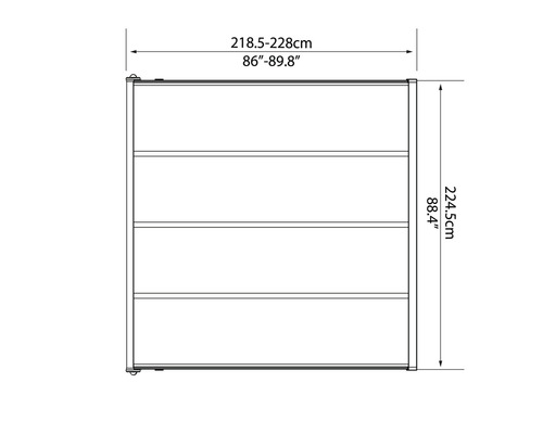 Technický nákres regálu o rozměrech 218,5 až 228 centimetrů na šířku a 224,5 centimetrů na výšku.