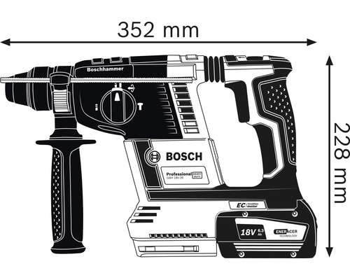 Vrtací kladivo Bosch o rozměrech 352 mm délka a 228 mm výška.