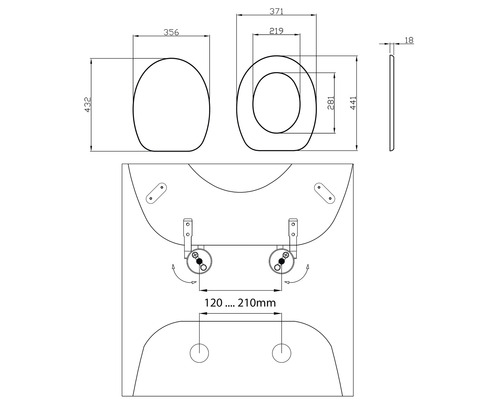 Technický nákres WC sedátka s rozměry