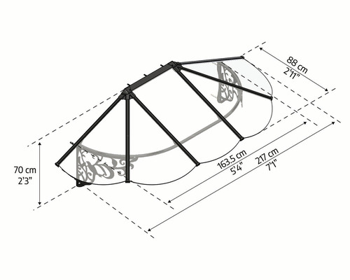 Rozměry stříšky s výškou 70 cm, hloubkou 88 cm a délkou 217 cm