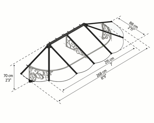 Technický výkres stříšky nad vchodové dveře s rozměry