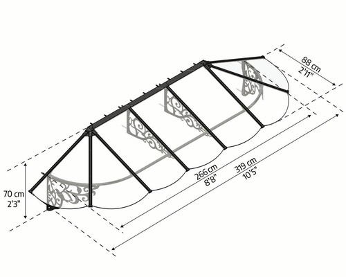 Nákres stříšky nad dveře s rozměry