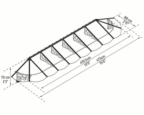 Rozměry stříšky: výška 70 centimetrů, hloubka 88 centimetrů, šířka 419,5 centimetrů a délka 473 centimetrů