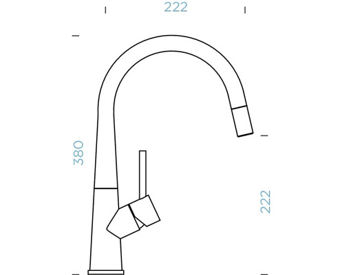 Technický výkres kuchyňské baterie s rozměry.
