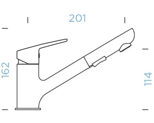 Technický nákres kuchyňské baterie s výsuvnou sprchou a rozměry.