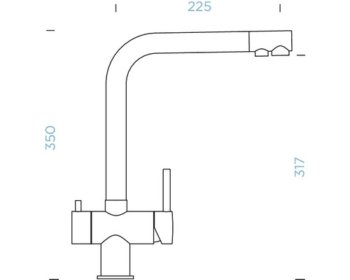 Technický nákres kuchyňské baterie s rozměry.