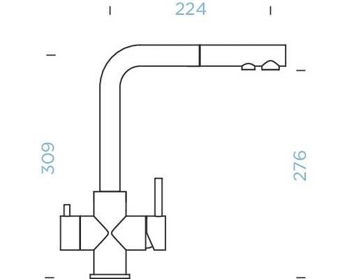 Technický výkres kuchyňské baterie s rozměry.