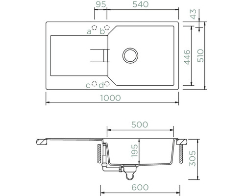 Technický výkres dřezu s rozměry.