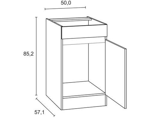 Nákres spodní kuchyňské skříňky o rozměrech 50,0 x 85,2 x 57,1 cm