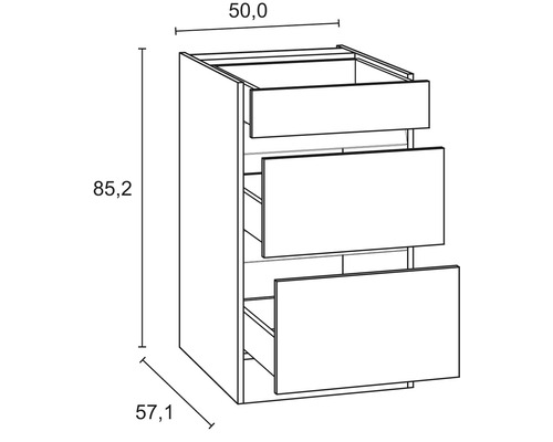 Technický nákres spodní skříňky se třemi zásuvkami a rozměry