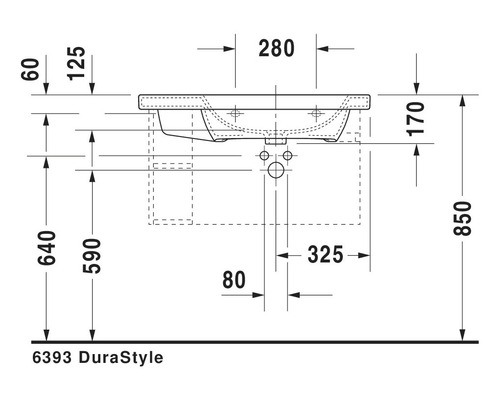 Technický nákres umyvadla s rozměry.
