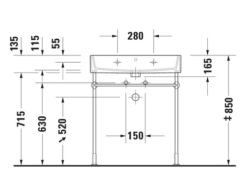 Technický nákres umyvadla s rozměry