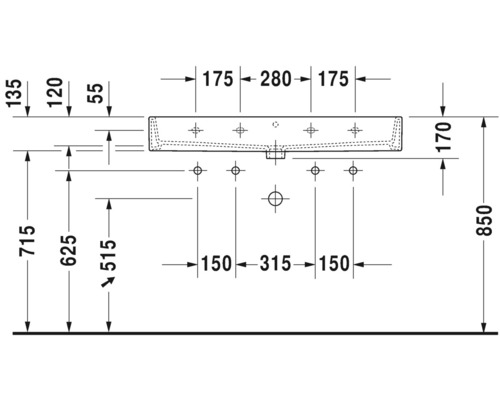 Technický nákres umyvadla s rozměry