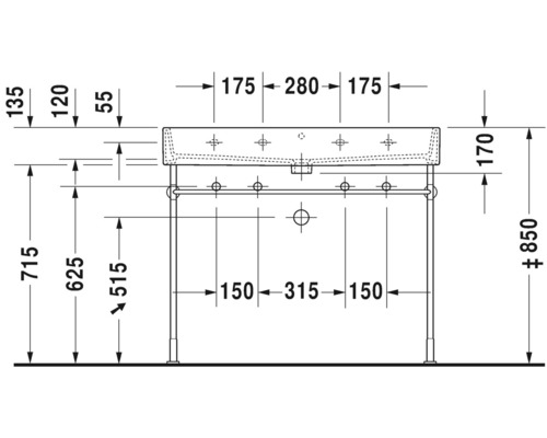 Technický nákres umyvadla s rozměry