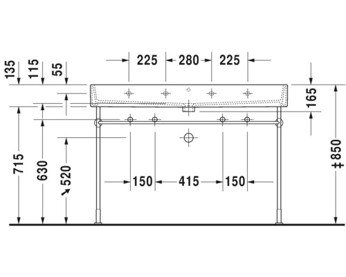 Technický nákres umyvadla s rozměry