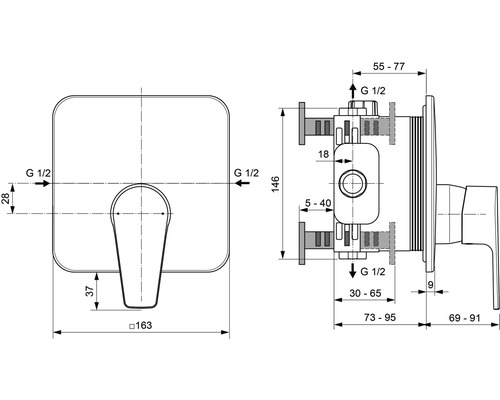 Technický nákres koupelnové baterie s rozměry