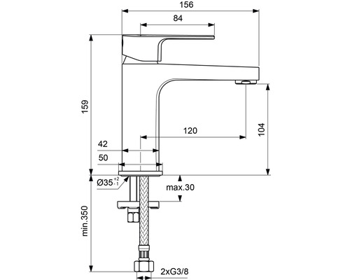 Technický nákres vodovodní baterie s rozměry