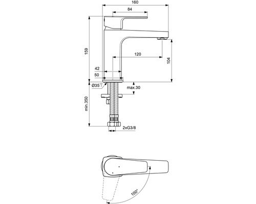 Technický nákres vodovodní baterie s rozměry
