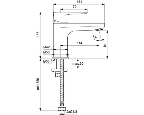 Rozměrový nákres armatury s rozměry 151, 138, 114, 84, 79, průměr 42, průměr 50, průměr 35, minimálně 350 a maximálně 30.