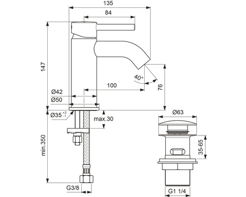 Technický výkres vodovodní baterie s rozměry