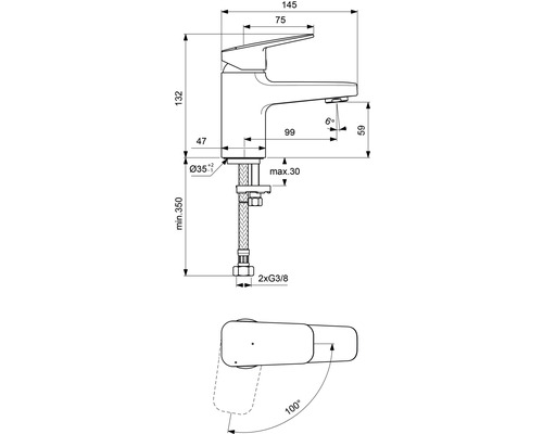 Technický výkres vodovodní baterie s rozměry.