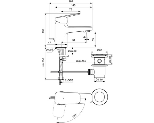 Technický nákres umyvadlové baterie s rozměry