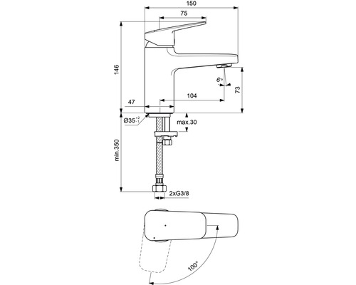 Technický nákres vodovodní baterie s rozměry